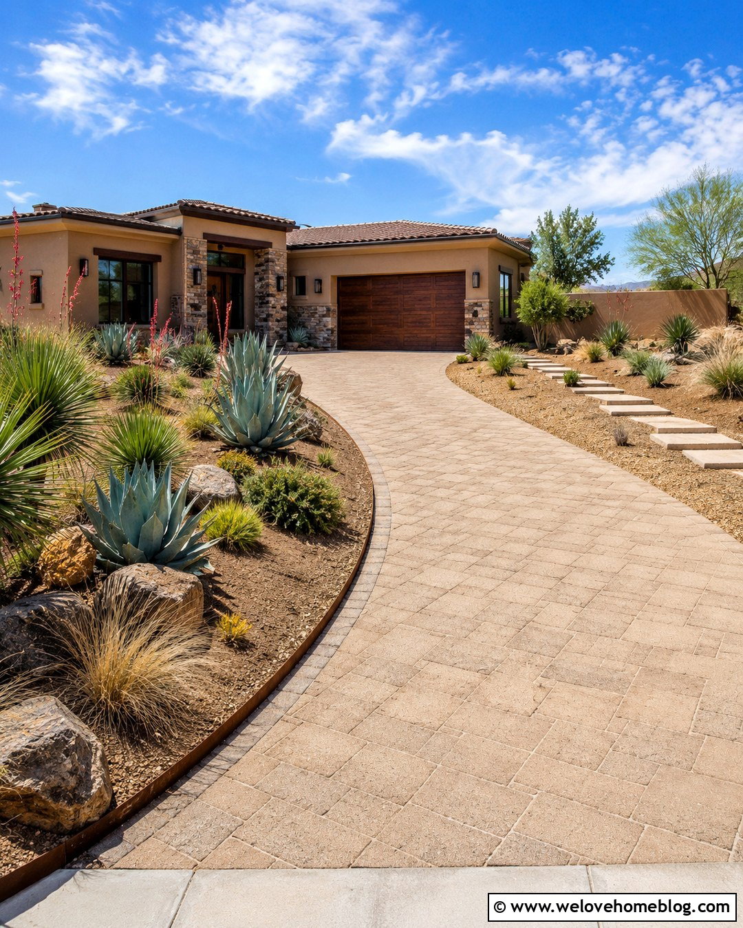 Desert Front Yard With Permeable Paver Driveway - 20 Front Yard With Driveway Ideas