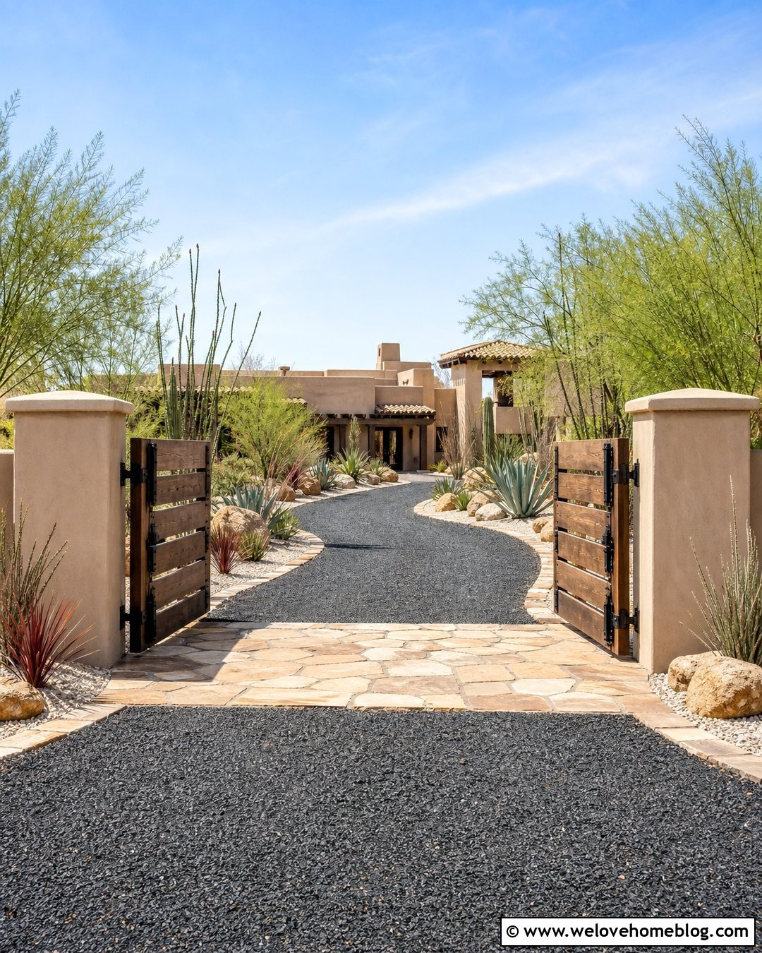 Desert Hacienda Driveway Entrance With Dark Gravel - 20 Hacienda Driveway Entrance Ideas