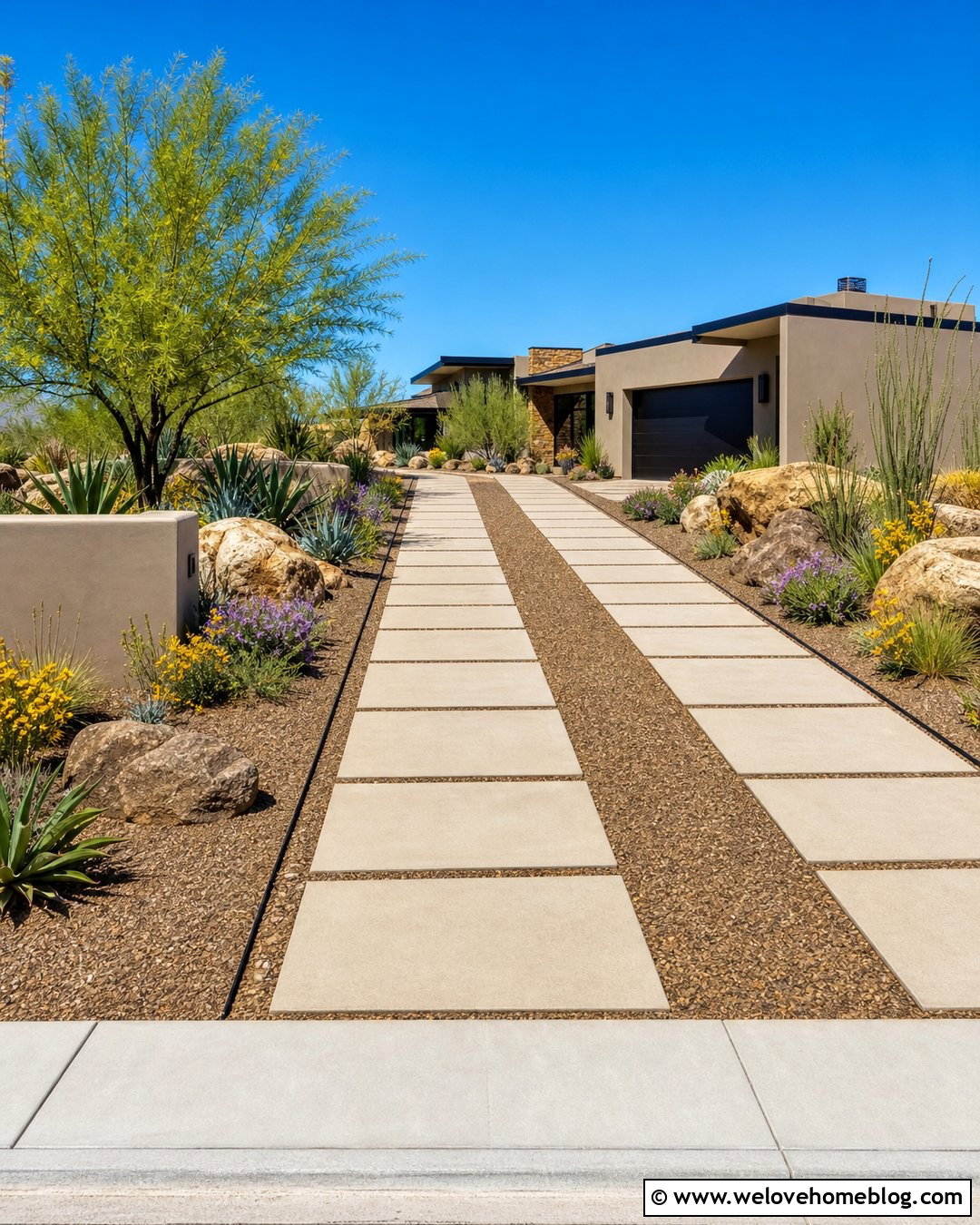 Desert House Driveway With Pavers And Gravel - 35 House Driveway Ideas