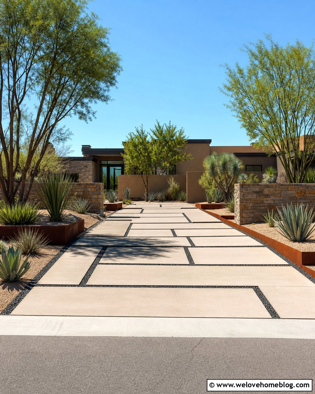 Desert Luxury Driveway With Geometric Concrete - 45 Luxury Driveway Ideas
