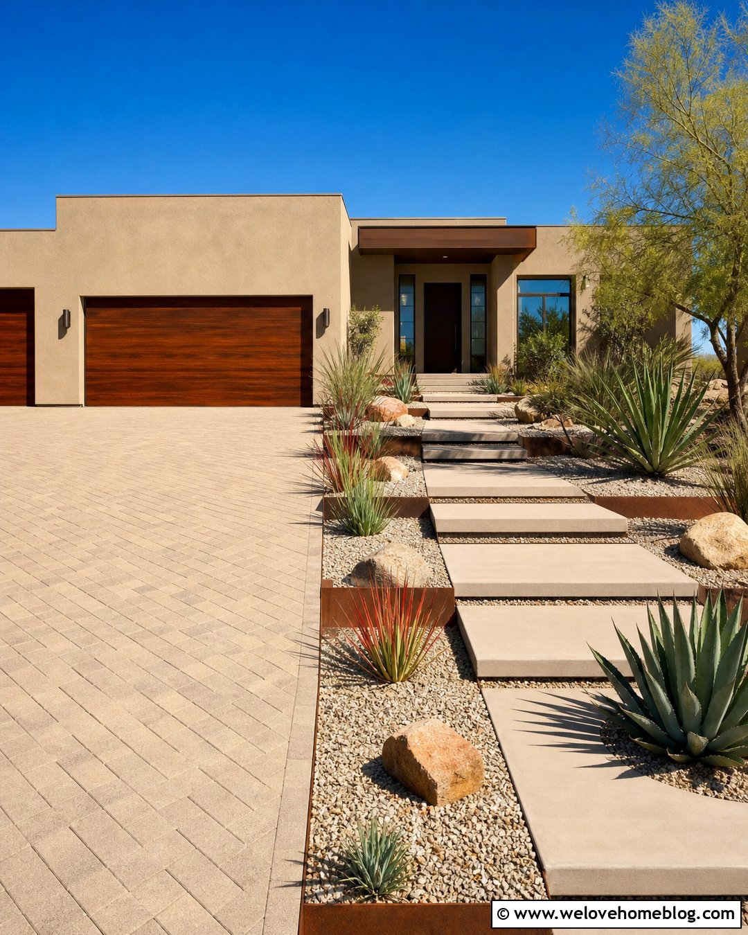 Desert Paver Driveway And Xeriscape Walkway - 20 Driveways And Walkways Ideas