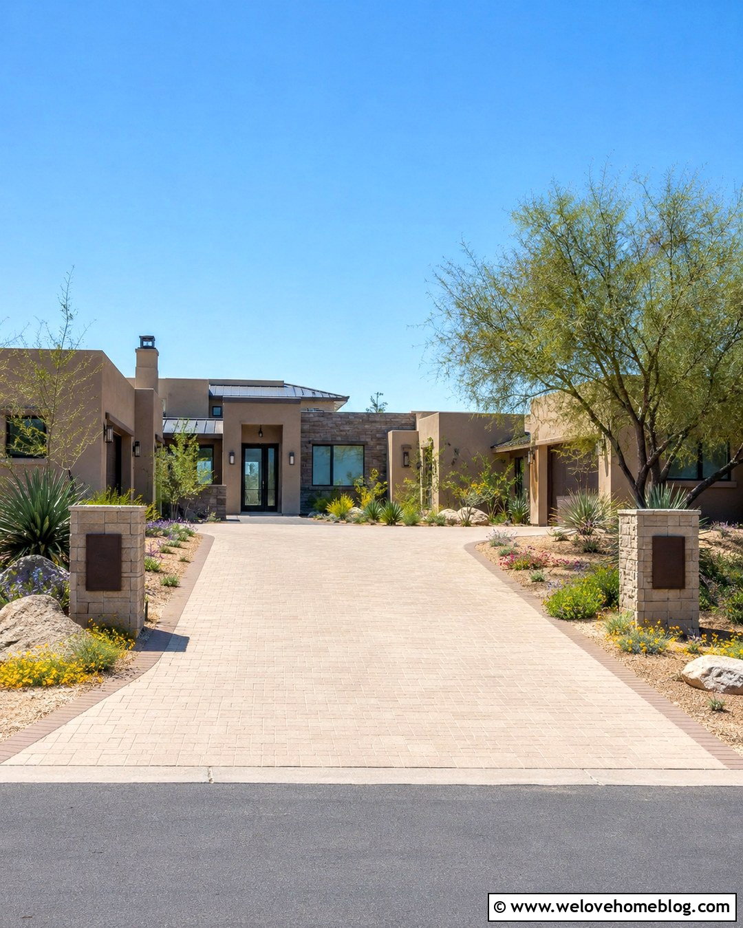 Desert Paver Driveway Entrance With Stone Landscaping - 20 Paved Driveway Entrance Ideas