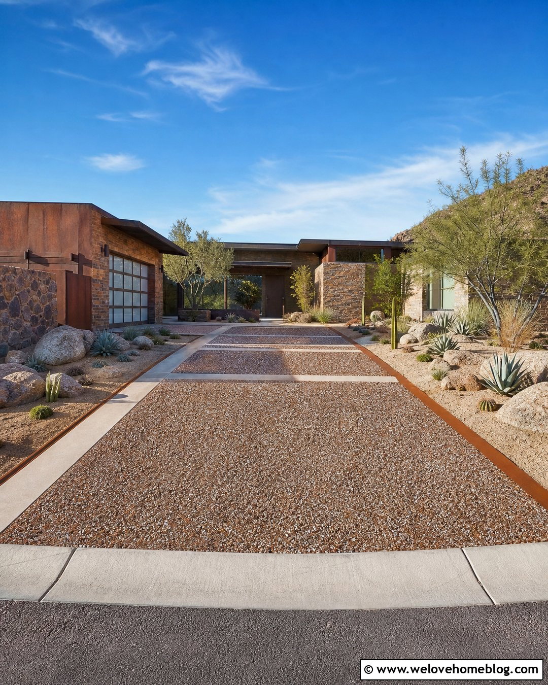 Desert Pebble Driveway With Drought Tolerant Landscaping - 35 Pebble Driveway Ideas