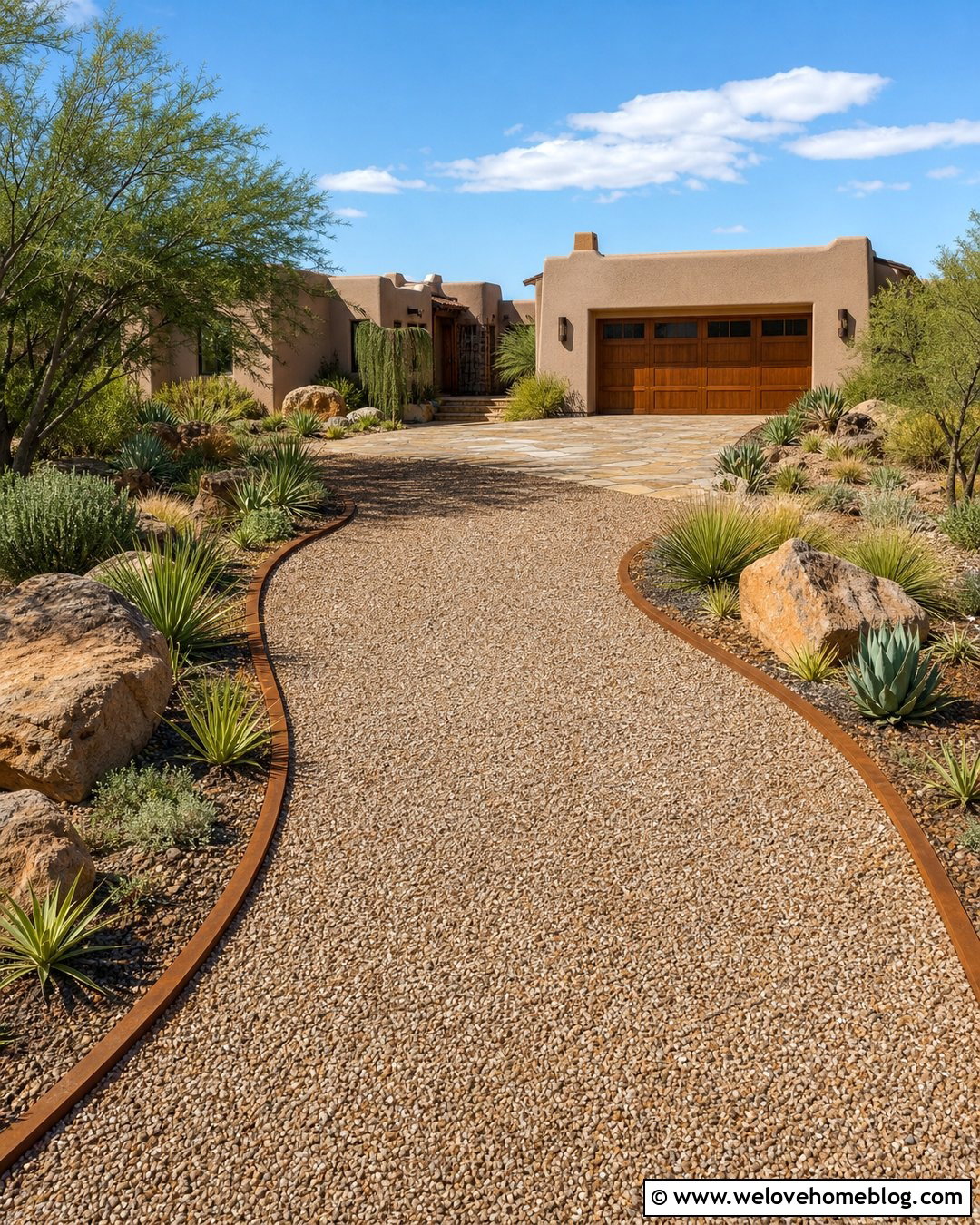 Desert Pebble Driveway With Drought Tolerant Landscaping