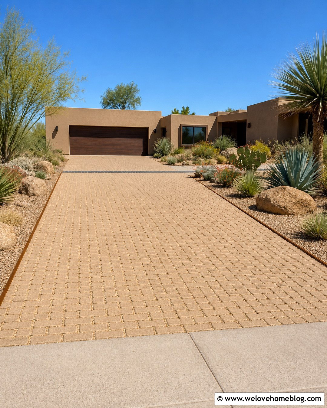 Desert Permeable Paver Driveway With Drought Tolerant Plants - 20 Permeable Paver Driveway Ideas