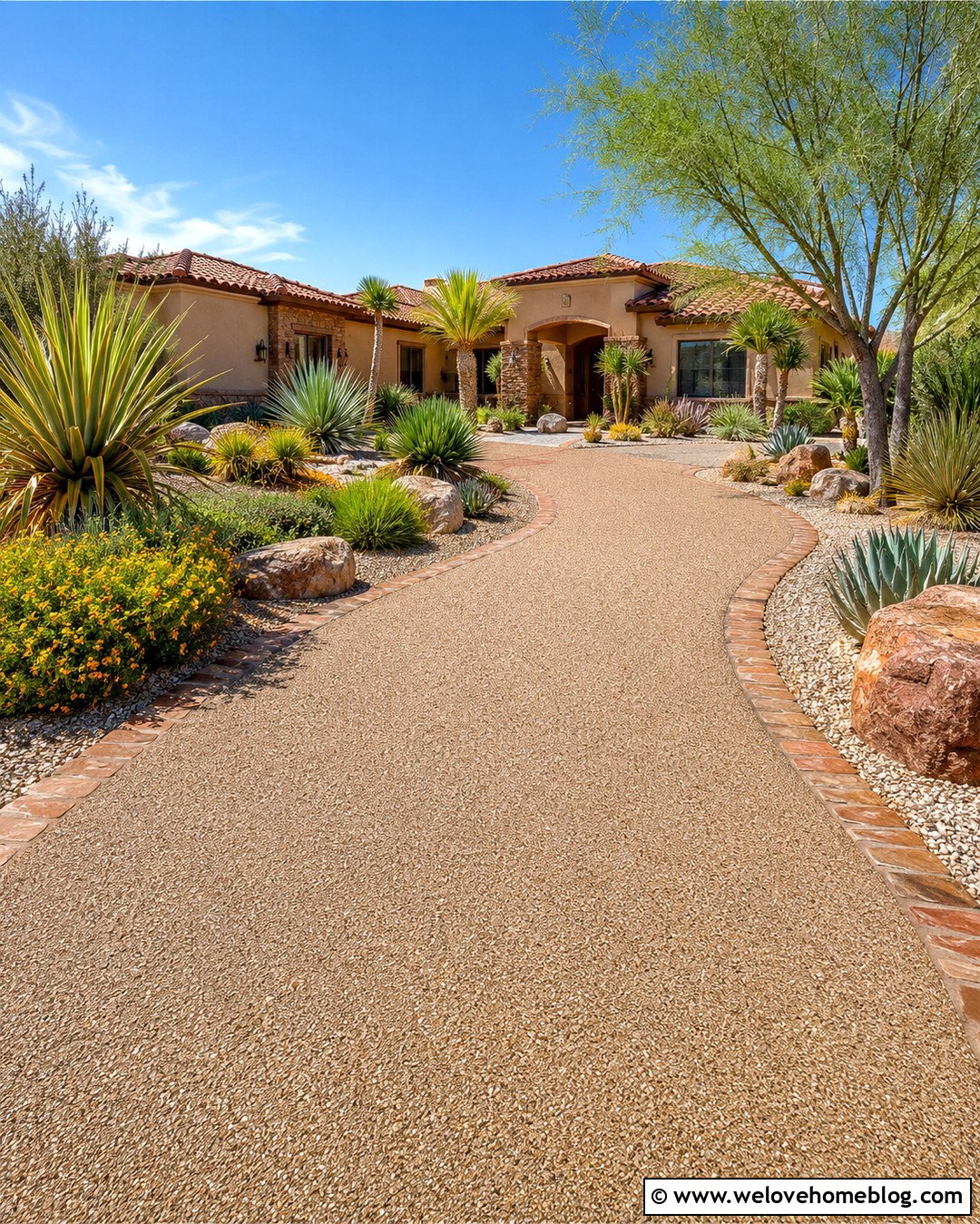 Desert Resin Gravel Driveway With Drought Tolerant Landscaping - 20 Resin Gravel Driveway Ideas