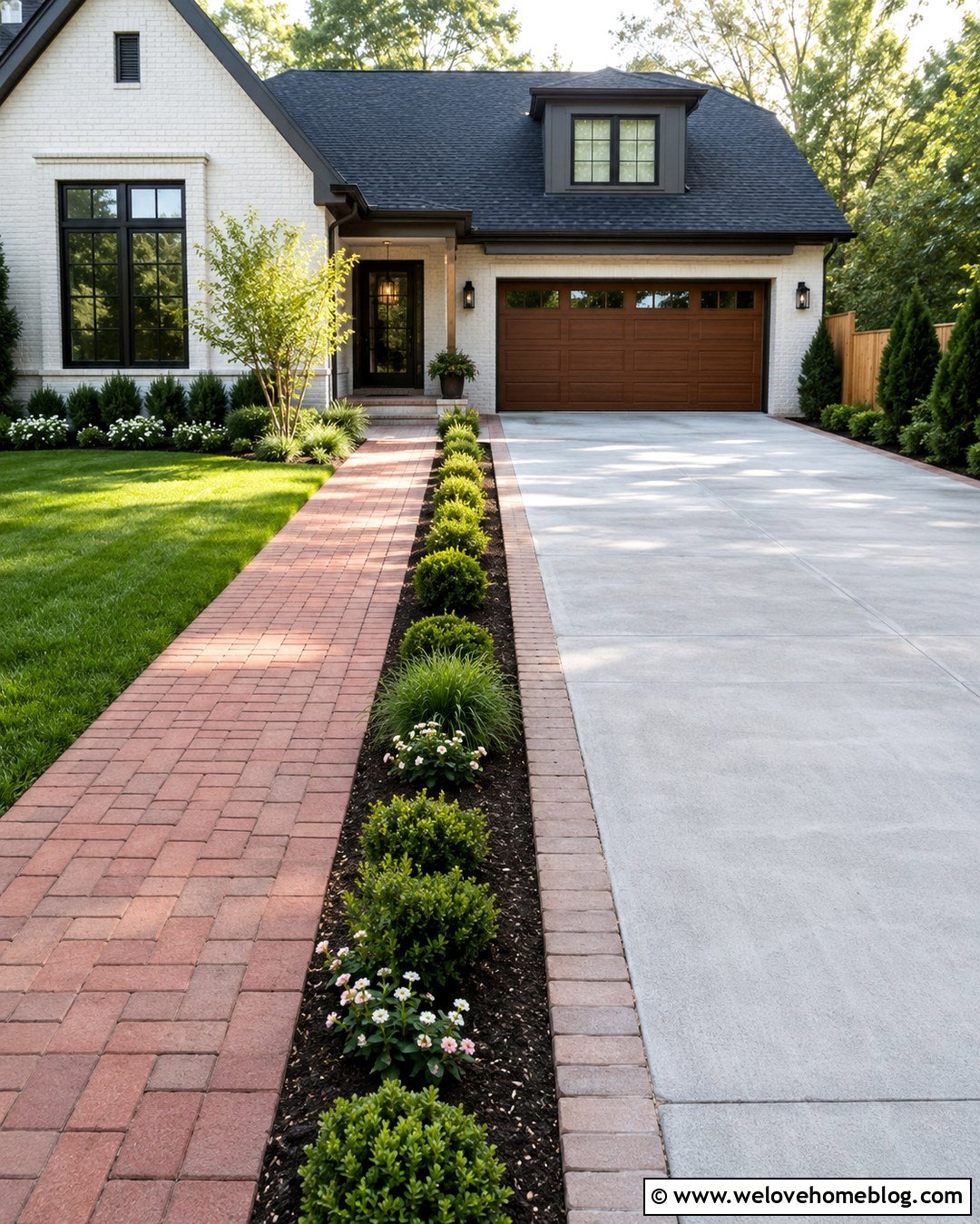 Divided Driveway And Walkway With Garden Beds - 20 Sunlit Driveway Landscaping Ideas