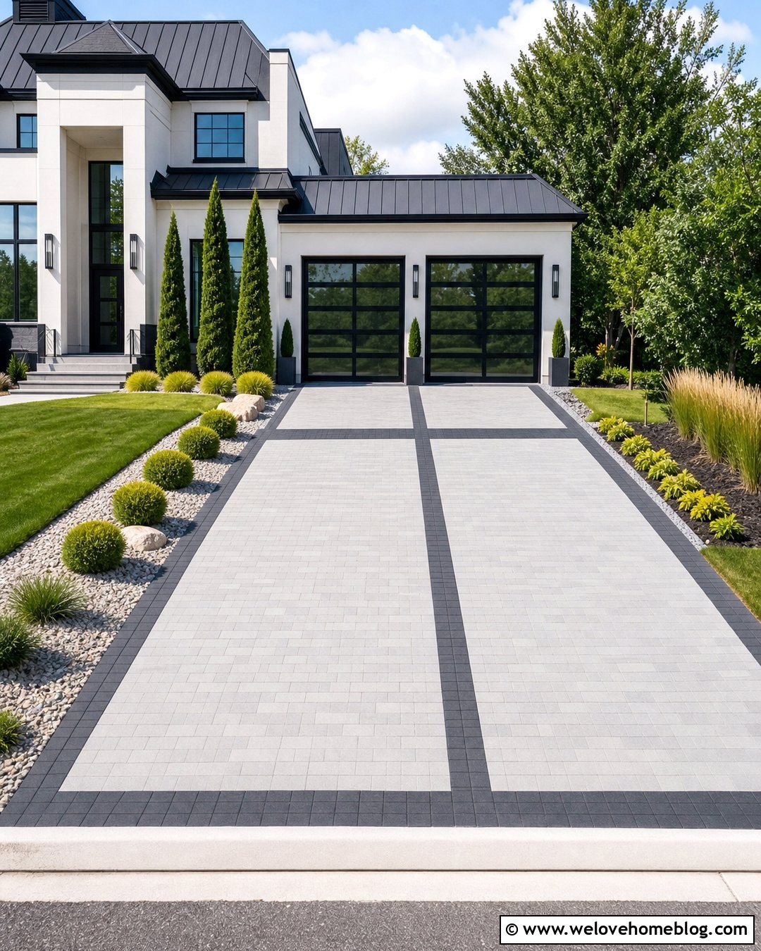 Double Driveway With Contrasting Paver Bands - 30 Double Driveway Ideas