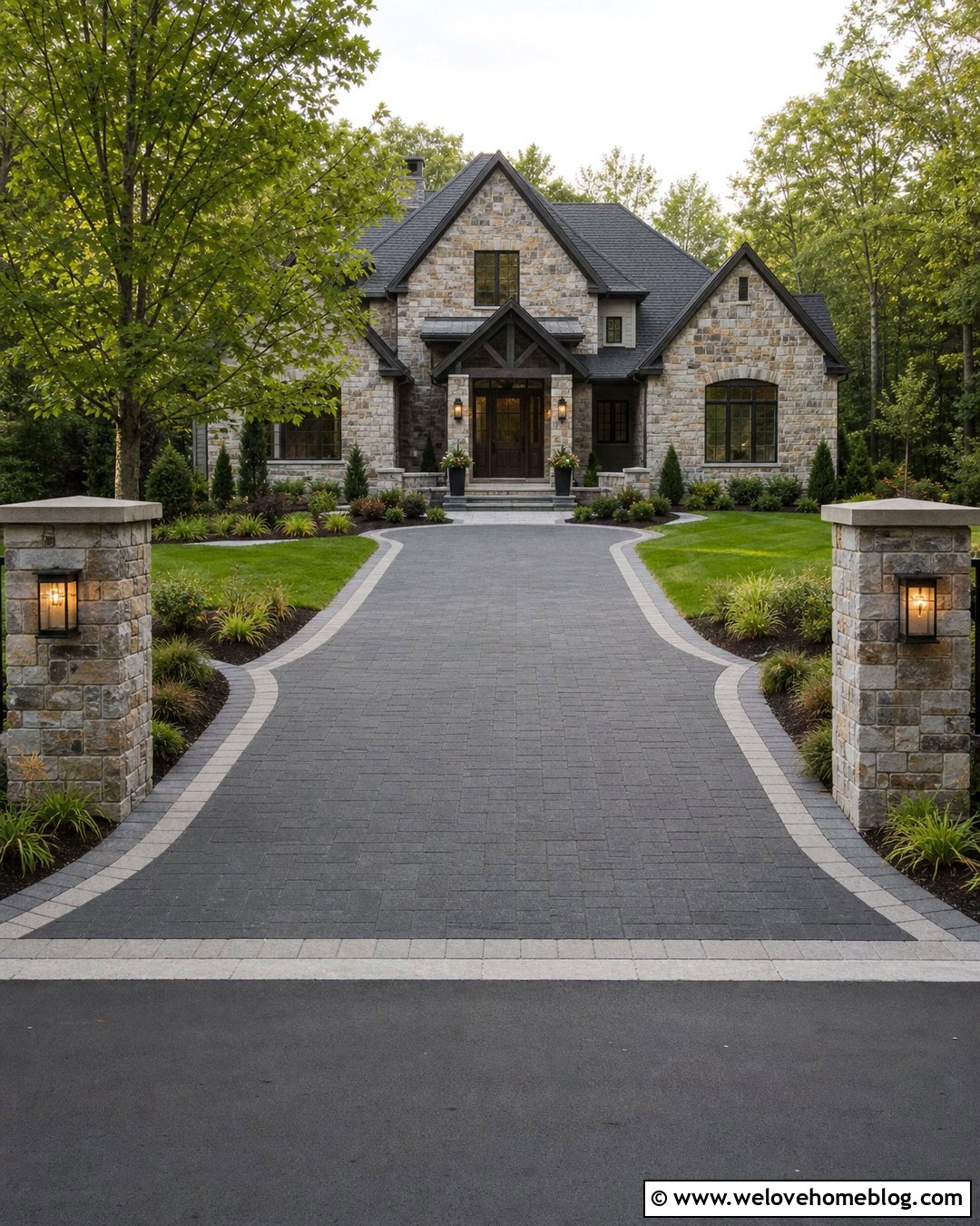 Double Driveway With Stone Pillar Entrance - 30 Double Driveway Ideas