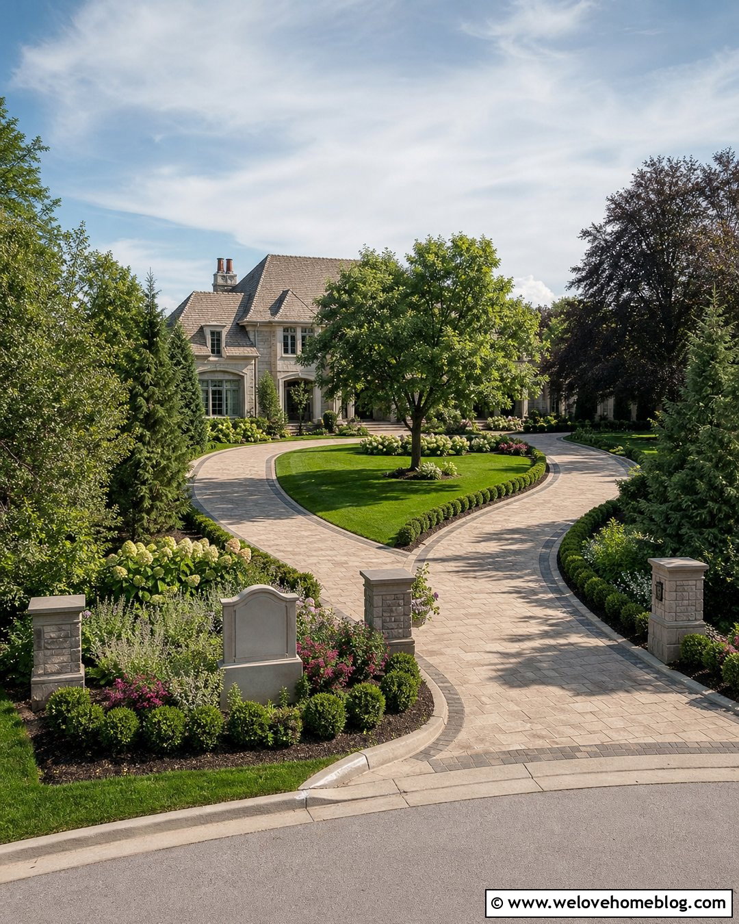 Double Entry Spiral Driveway With Landscaped Median - 20 Spiral Driveway Ideas