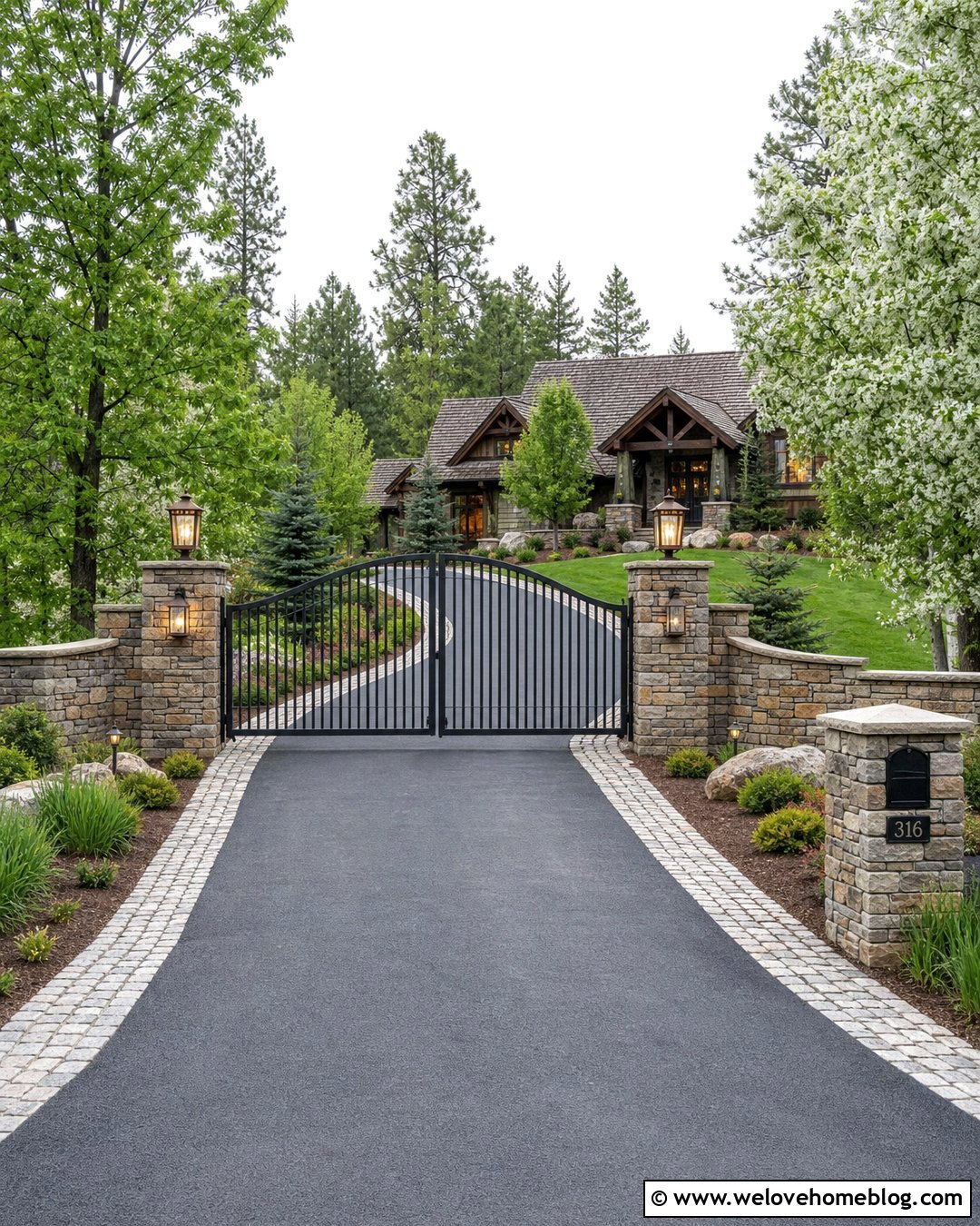 Double Metal Driveway Gate With Stone Walls - 35 Front Gate Entrance Driveway Ideas