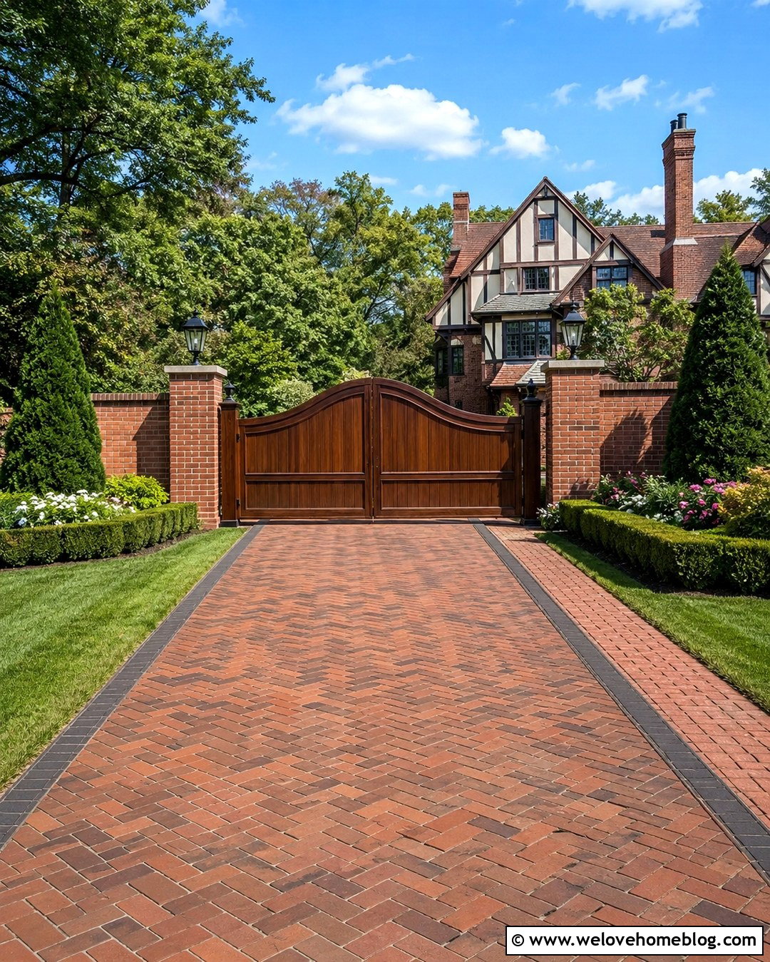 Double Timber Gate With Brick Driveway - 20 Timber Gates Driveway Ideas