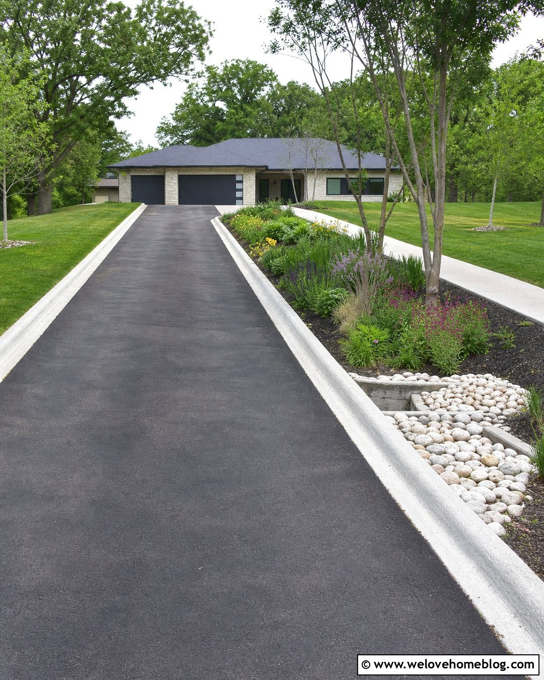 Downward Sloped Driveway With Rain Garden - 20 Downward Sloped Driveway Ideas