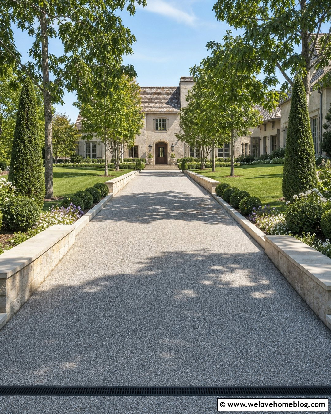 Downward Sloped Driveway With Stone Borders