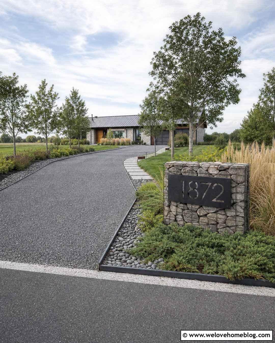 Driveway Address Sign With Gabion Stone Base - 25 Driveway Address Sign Ideas