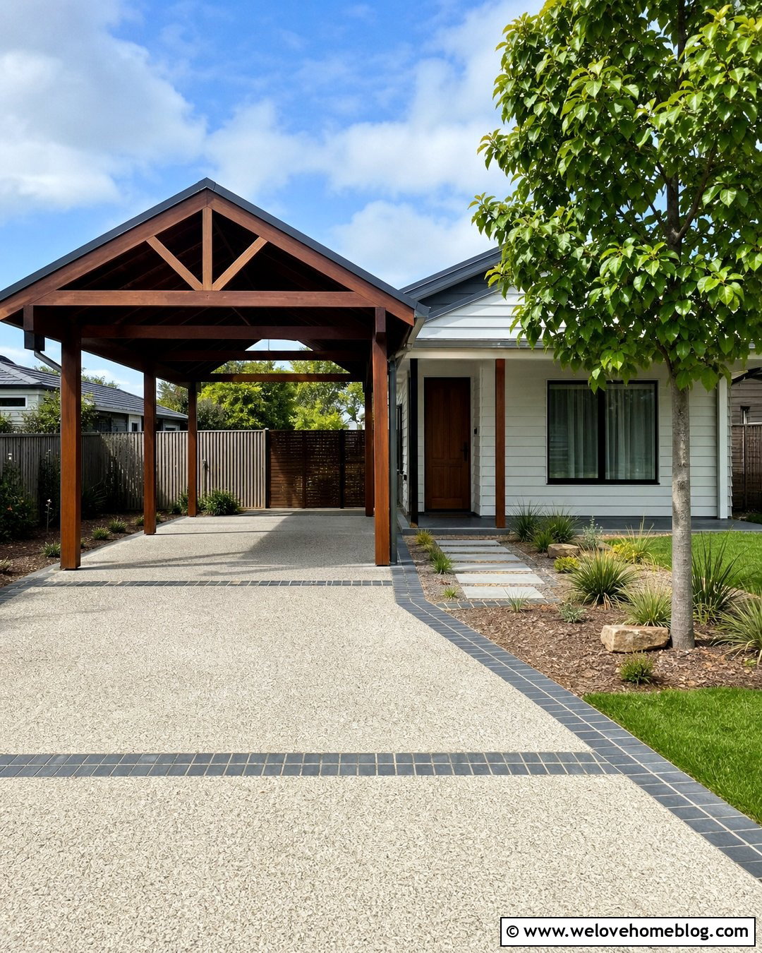 Driveway And Carport With Matching Materials - 20 Australian Driveway Ideas