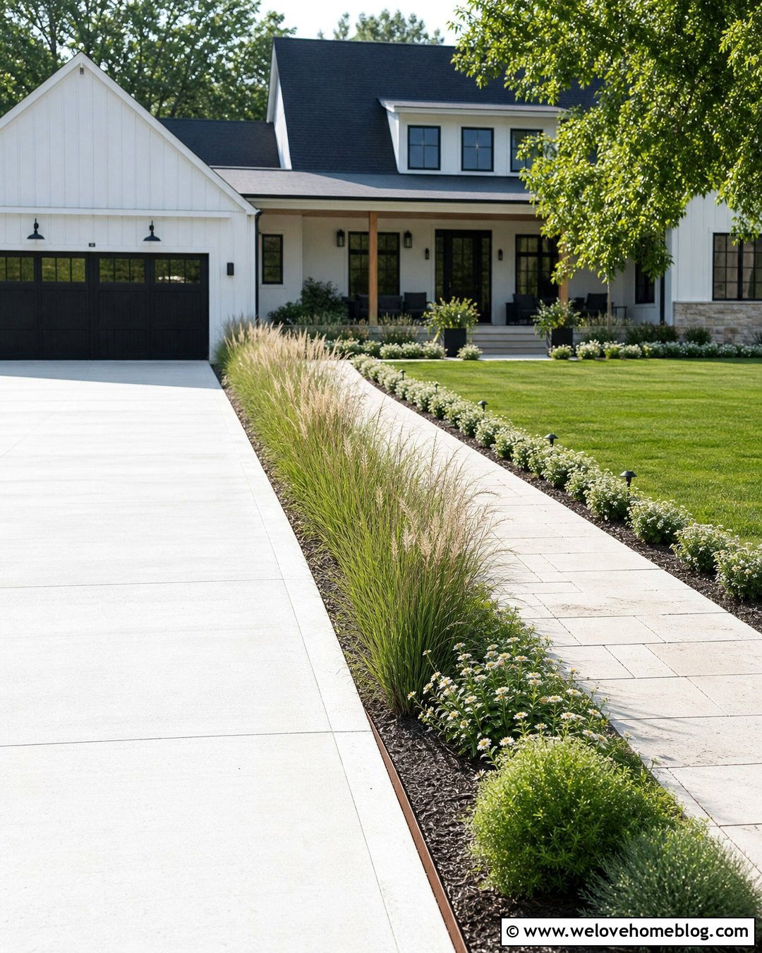 Driveway And Sidewalk With Ornamental Grass Borders - 20 Driveway And Sidewalk Landscaping Ideas