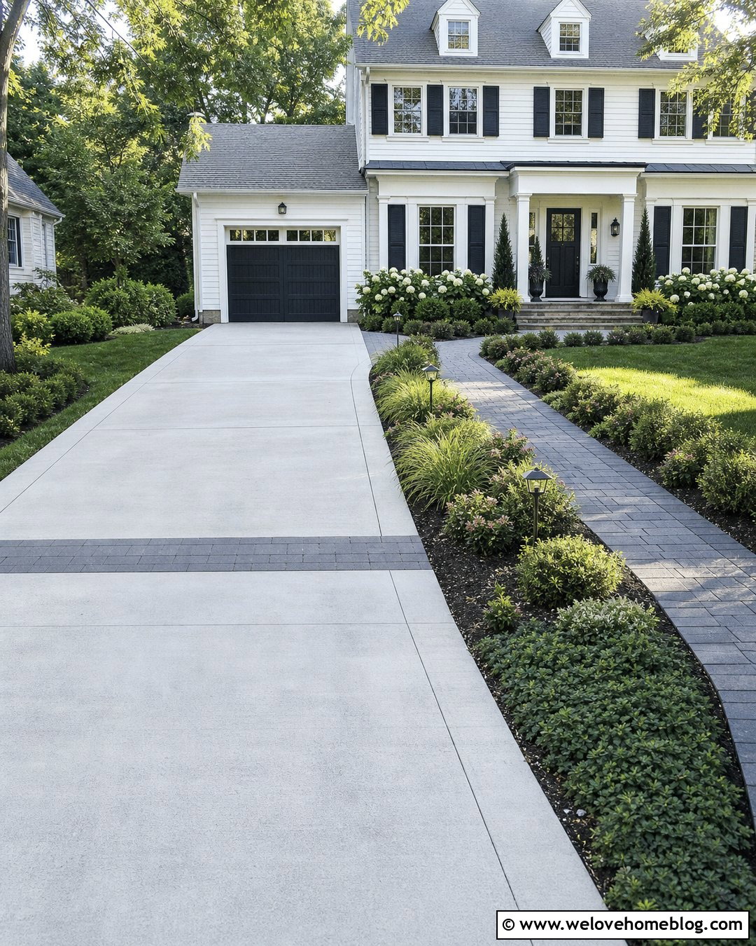 Driveway And Walkway With A Planted Divider - 20 How To Landscape A Driveway Ideas