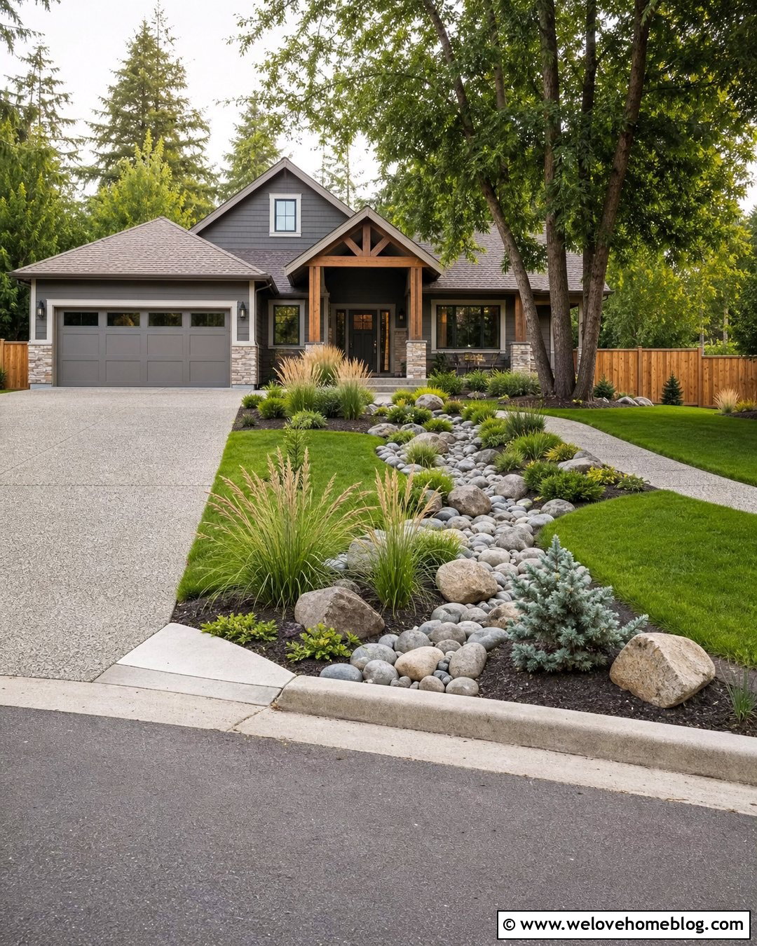 Driveway Berm And Swale With River Rock - 20 driveway berm landscaping ideas