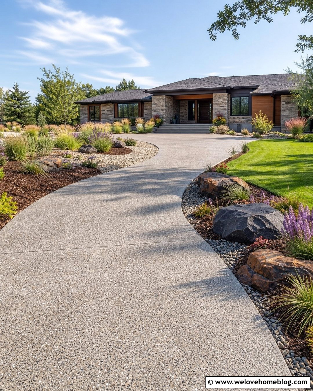 Driveway Boulder Garden With Ornamental Grasses