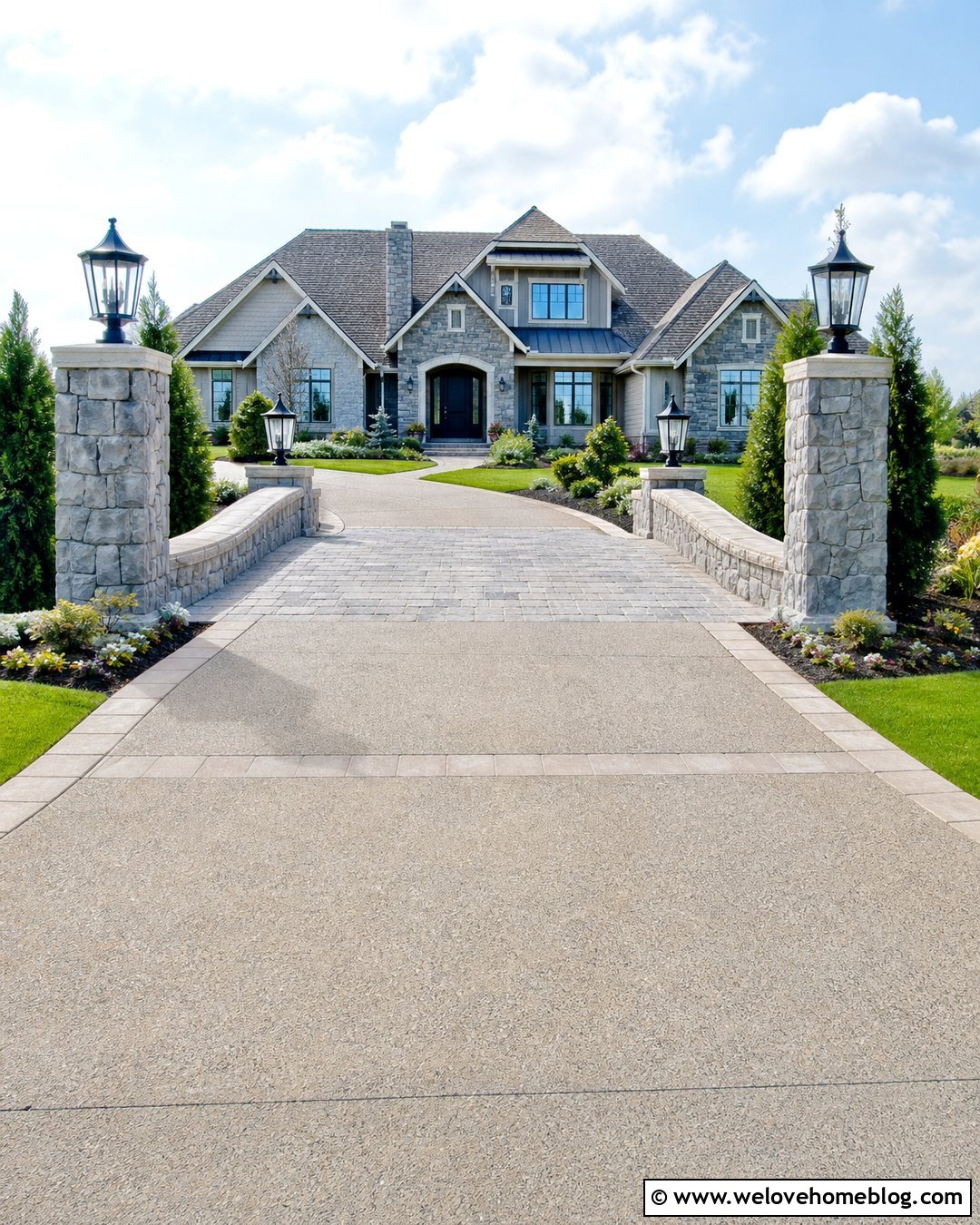 Driveway Bridge With Stone Pillars and Lanterns - 30 Driveway Bridge Ideas