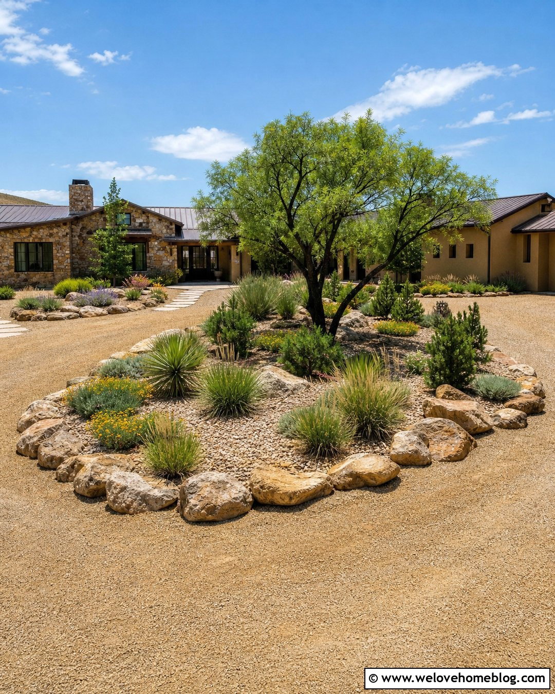 Driveway Center Island With Rock Garden - 20 Driveway Center Island Ideas