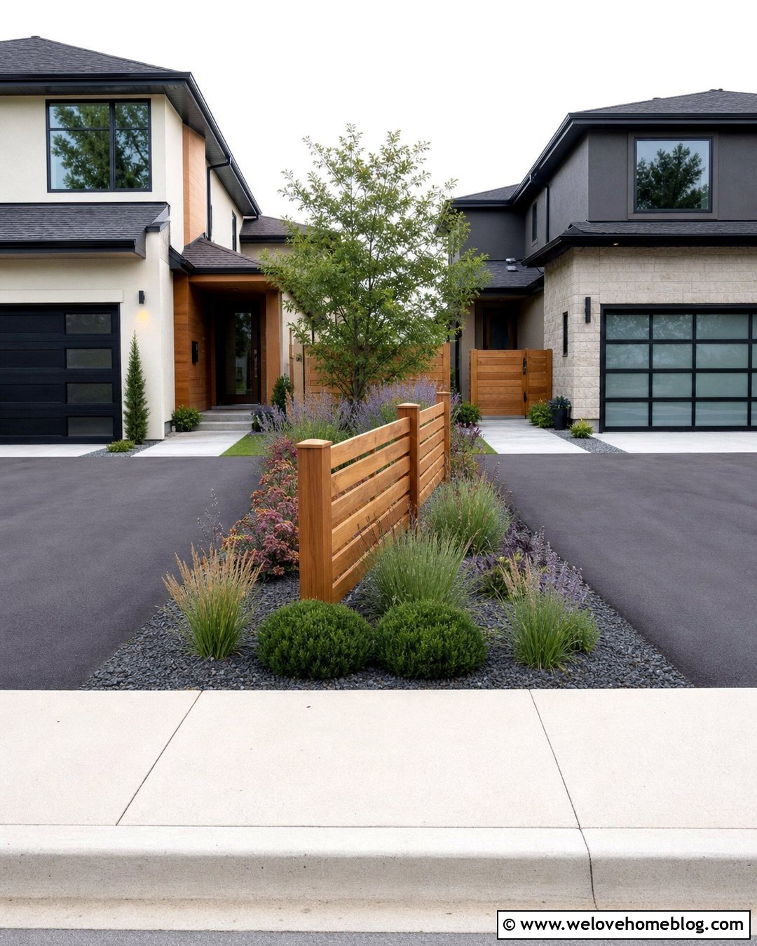 Driveway Divider With Slatted Fence And Plants - 20 landscaping between two driveways ideas