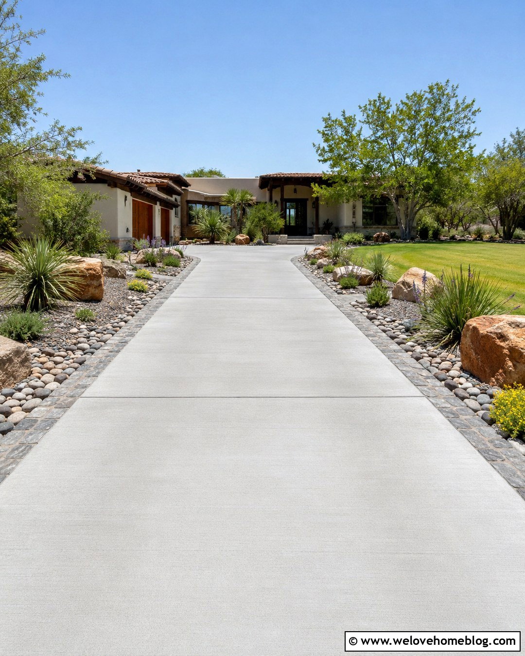 Driveway Edge With River Rock And Drought Tolerant Plants - 20 landscaping driveway edge ideas