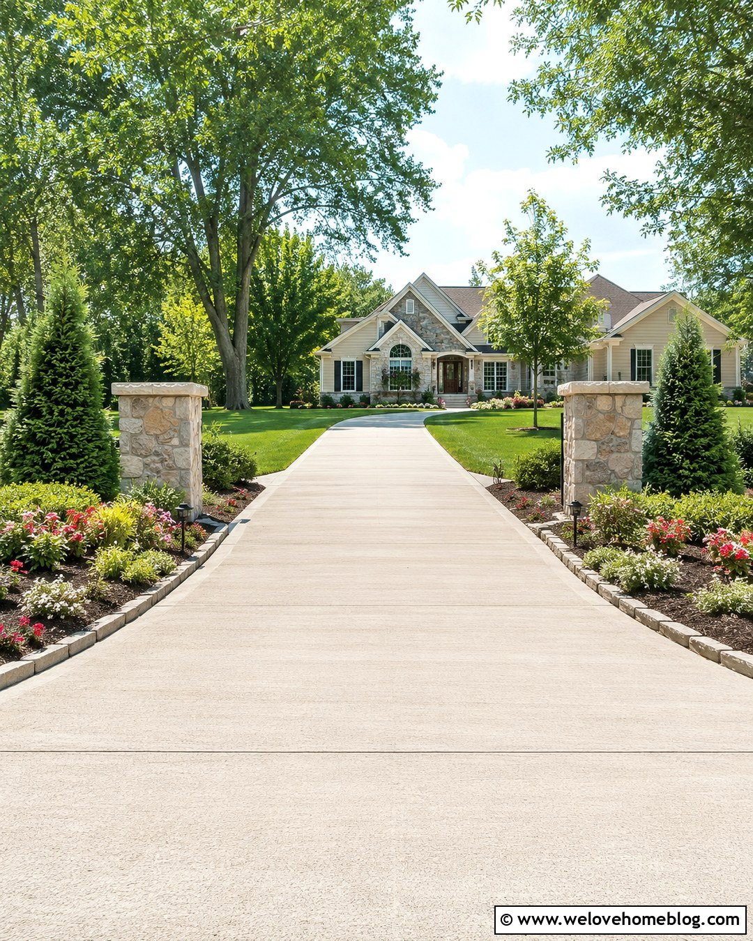 Driveway Entrance Garden Beds With Stone Pillars - 20 driveway garden beds ideas