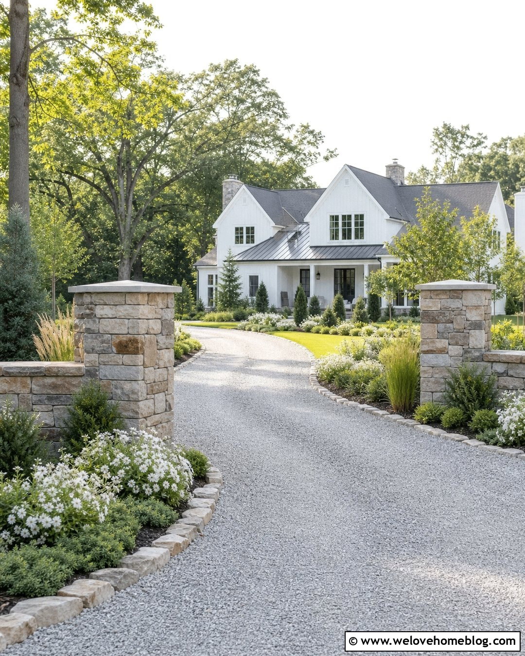 Driveway Entrance Garden With Stone Pillars - 30 Driveway Garden Ideas