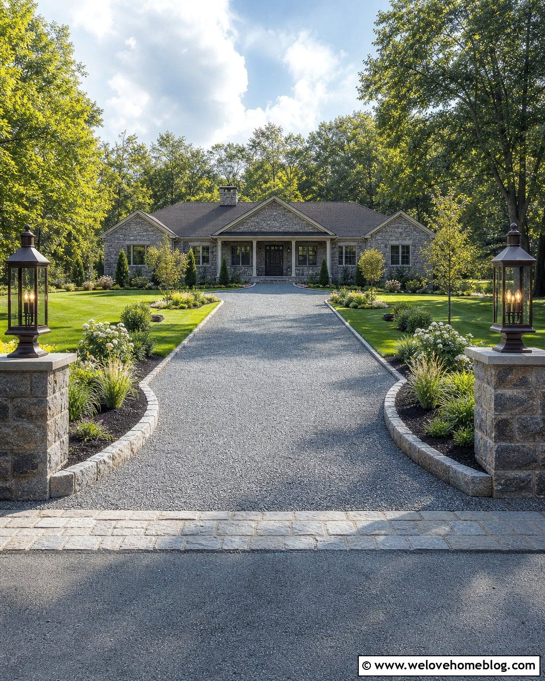 Driveway Entrance Lamp Posts With Stone Borders - 20 driveway entrance lamp post ideas