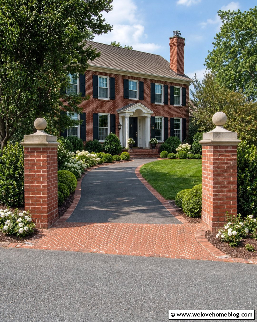 Driveway Entrance With Brick Pillars And Shrubs - 20 simple driveway entrance landscaping ideas
