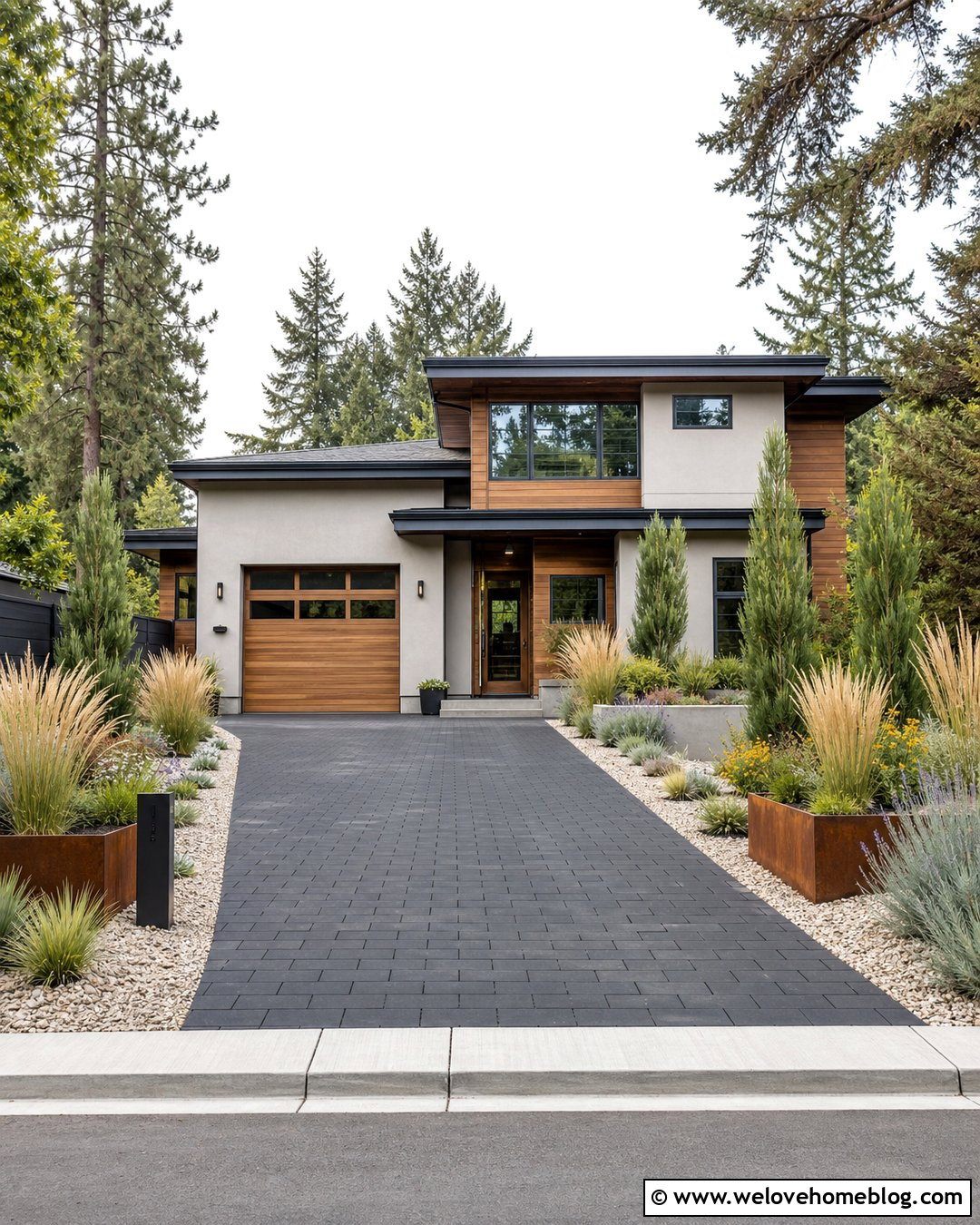 Driveway Entrance With Corten Steel Planters - 20 Landscaping At Driveway Entrance Ideas