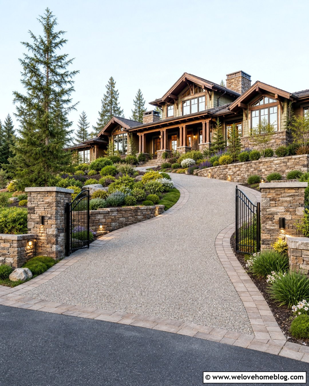 Driveway Entrance With Curved Retaining Walls - 25 Luxury Driveway Entrance Ideas