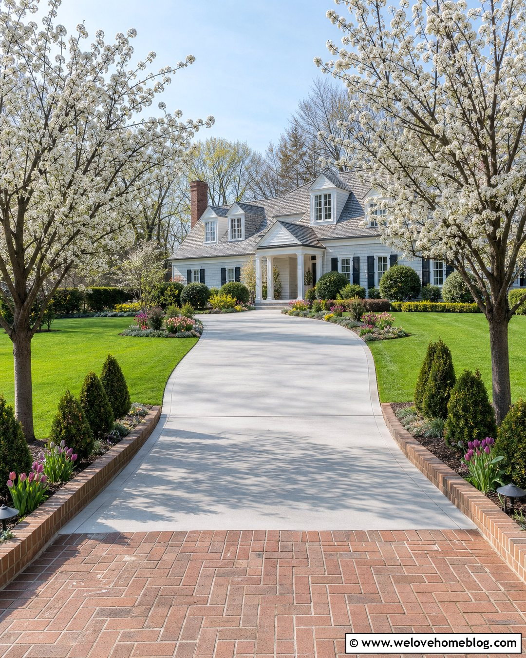 Driveway Entrance With Flowering Trees - 40 Front Driveway Landscaping Ideas