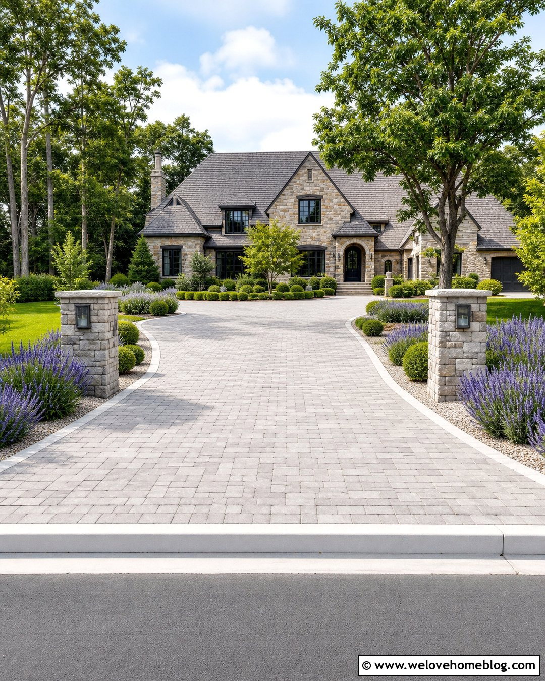 Driveway Entrance With Lavender And Pillars - 20 lavendar border driveway ideas