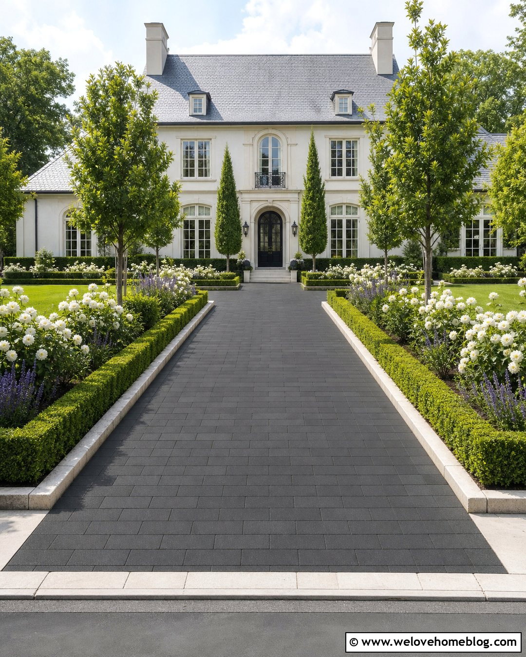 Driveway Entrance With Low Boxwood Borders - 20 Landscaping At Driveway Entrance Ideas