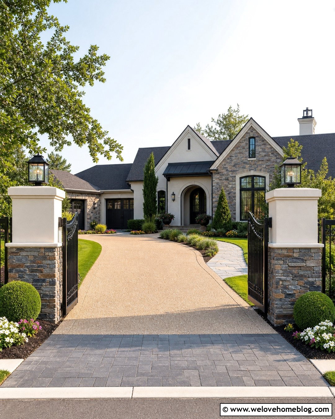 Driveway Entrance With Mixed Material Pillars