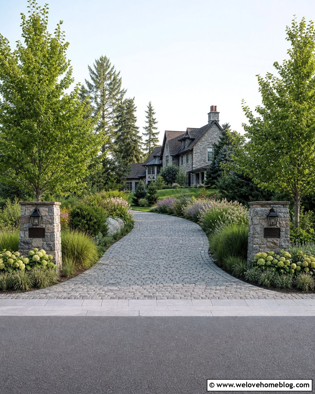 Driveway Entrance With Pillars And Layered Beds - 20 edge of driveway landscaping ideas