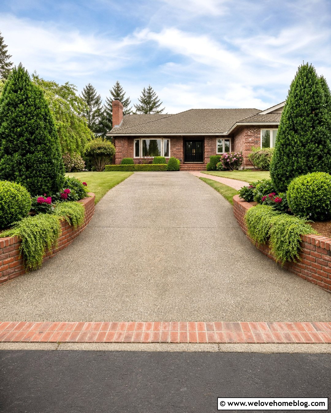 Driveway Entrance With Raised Brick Planters - 20 Landscaping At Driveway Entrance Ideas