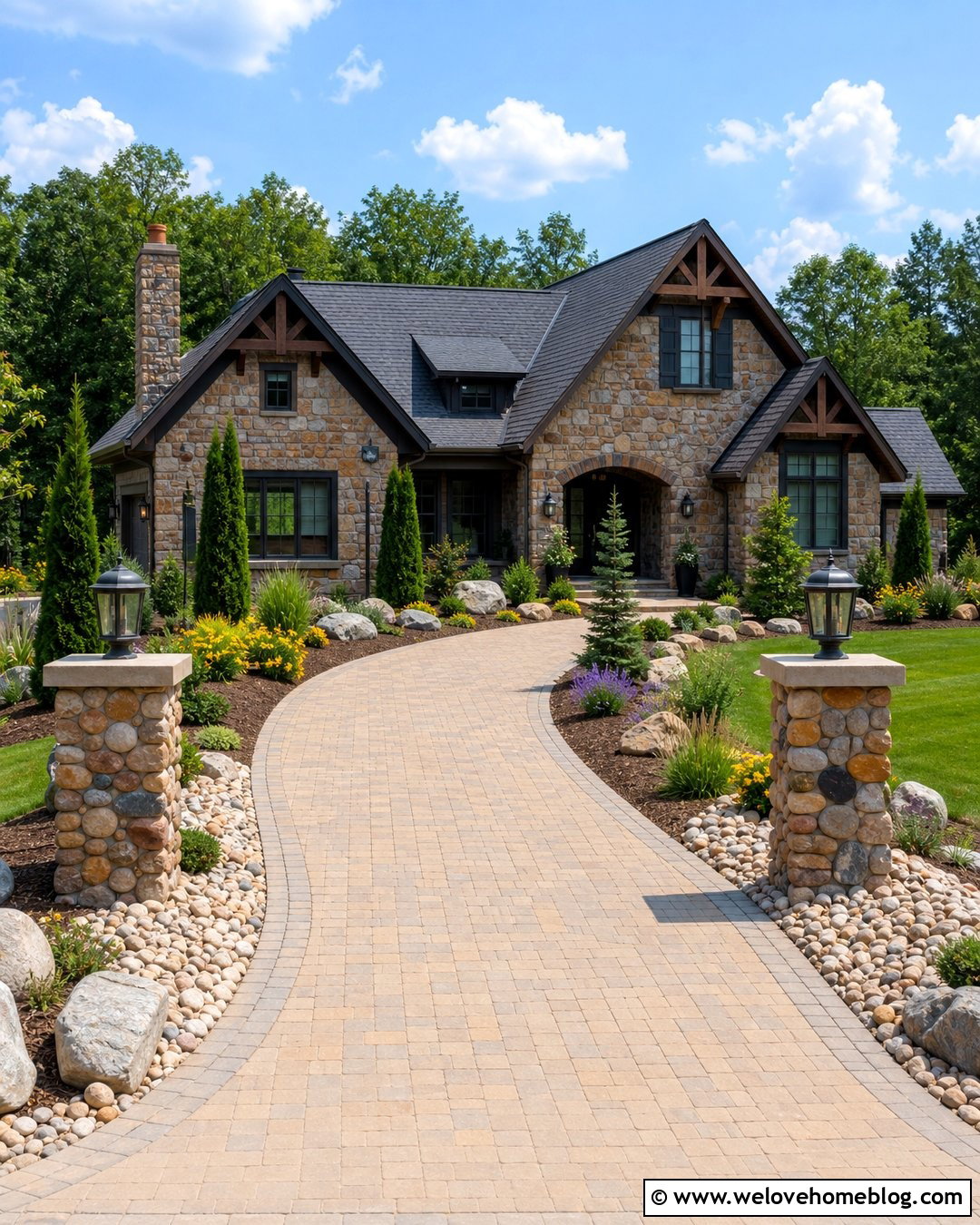 Driveway Entrance With River Rock And Stone Pillars - 20 river rock along driveway ideas