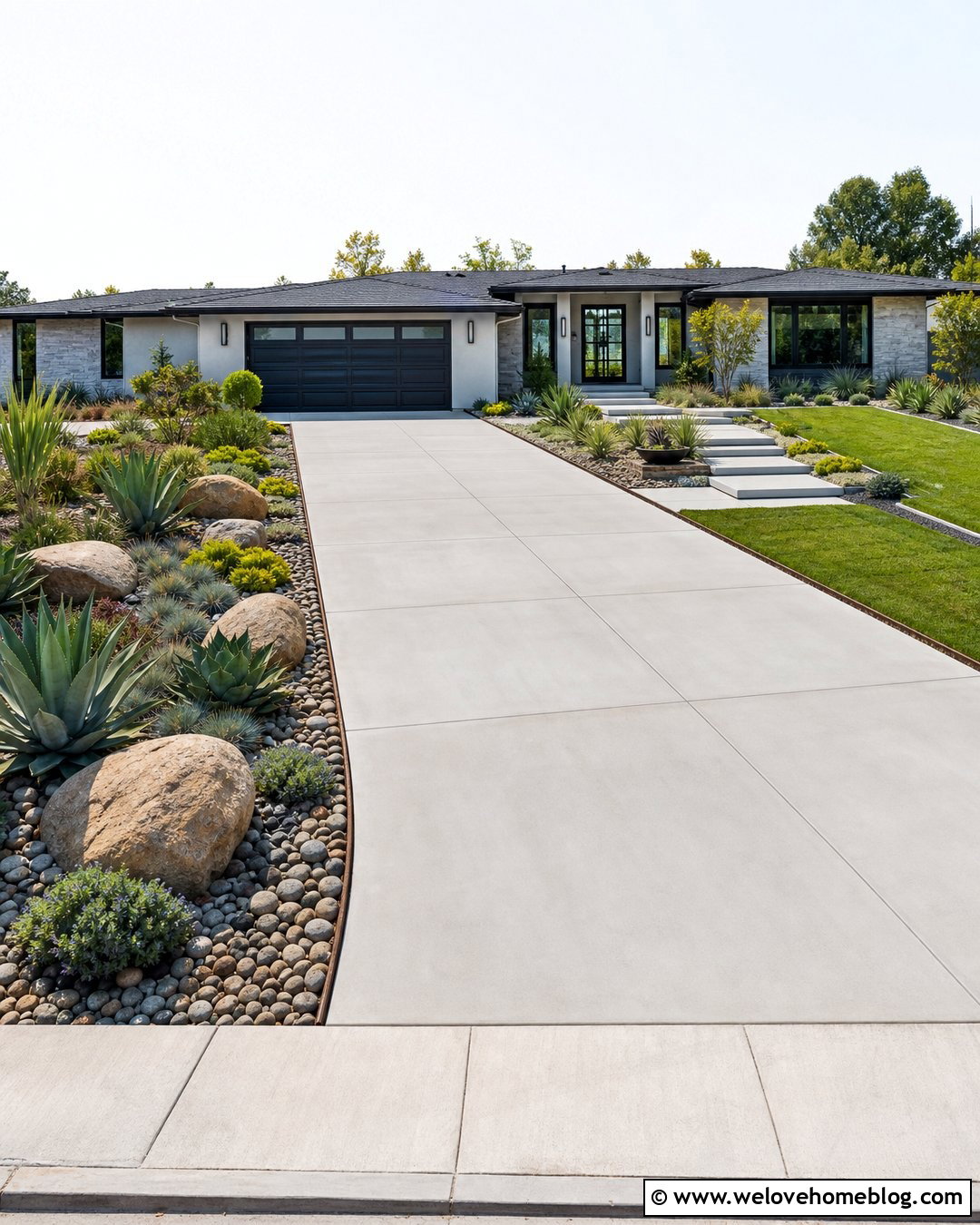 Driveway Entrance With River Rock Beds - 50 driveway entrance landscaping ideas