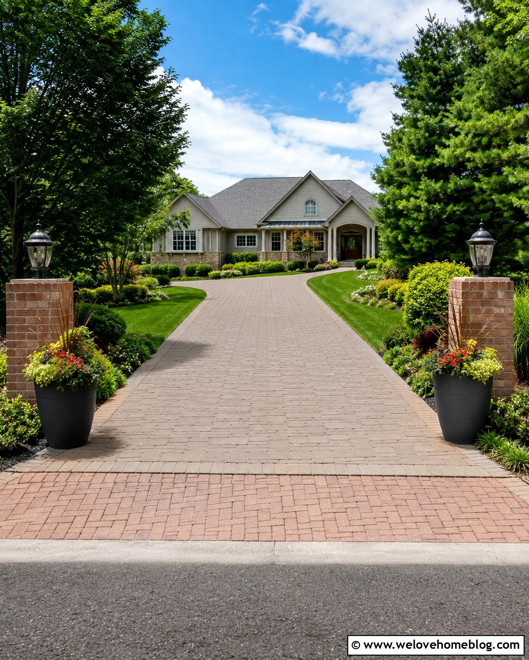 Driveway Entrance With Seasonal Planters - 20 Driveway Entrance Decor Ideas