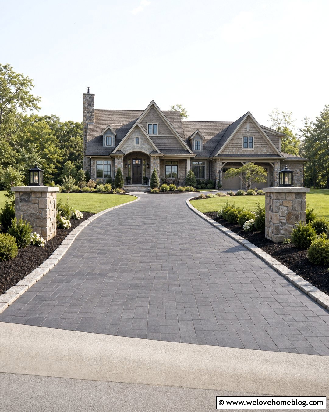 Driveway Entrance With Stone Pillar Curbs - 25 Driveway Curb Ideas