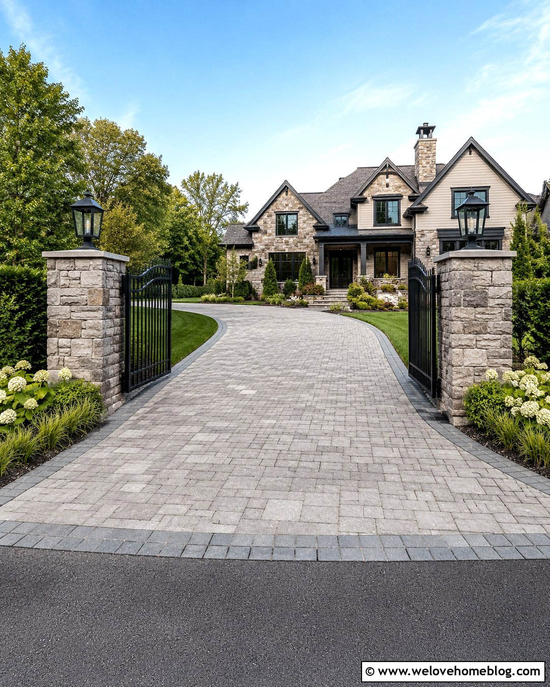Driveway Entrance With Stone Pillars - 20 Summer Driveway View Ideas