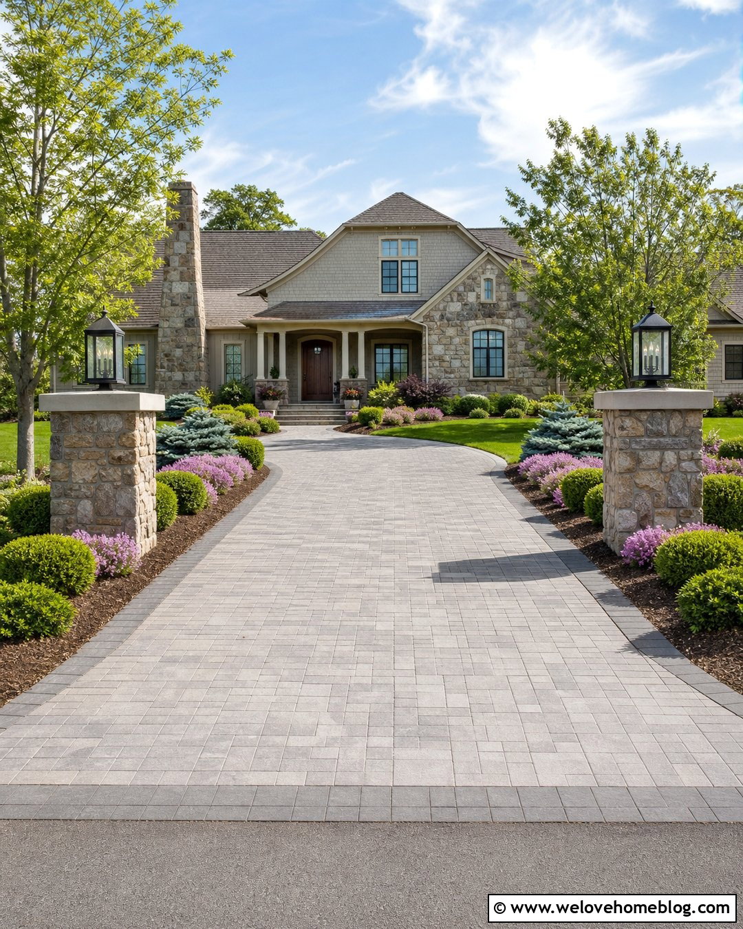 Driveway Entrance With Stone Pillars And Lanterns - 50 driveway entrance landscaping ideas