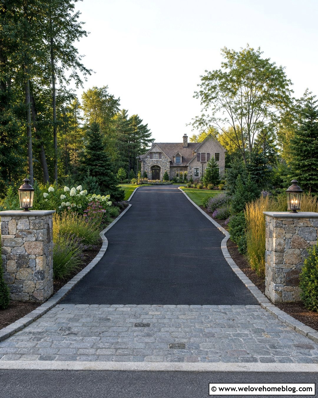 Driveway Entrance With Stone Pillars And Planting Beds - 20 How To Landscape A Driveway Ideas