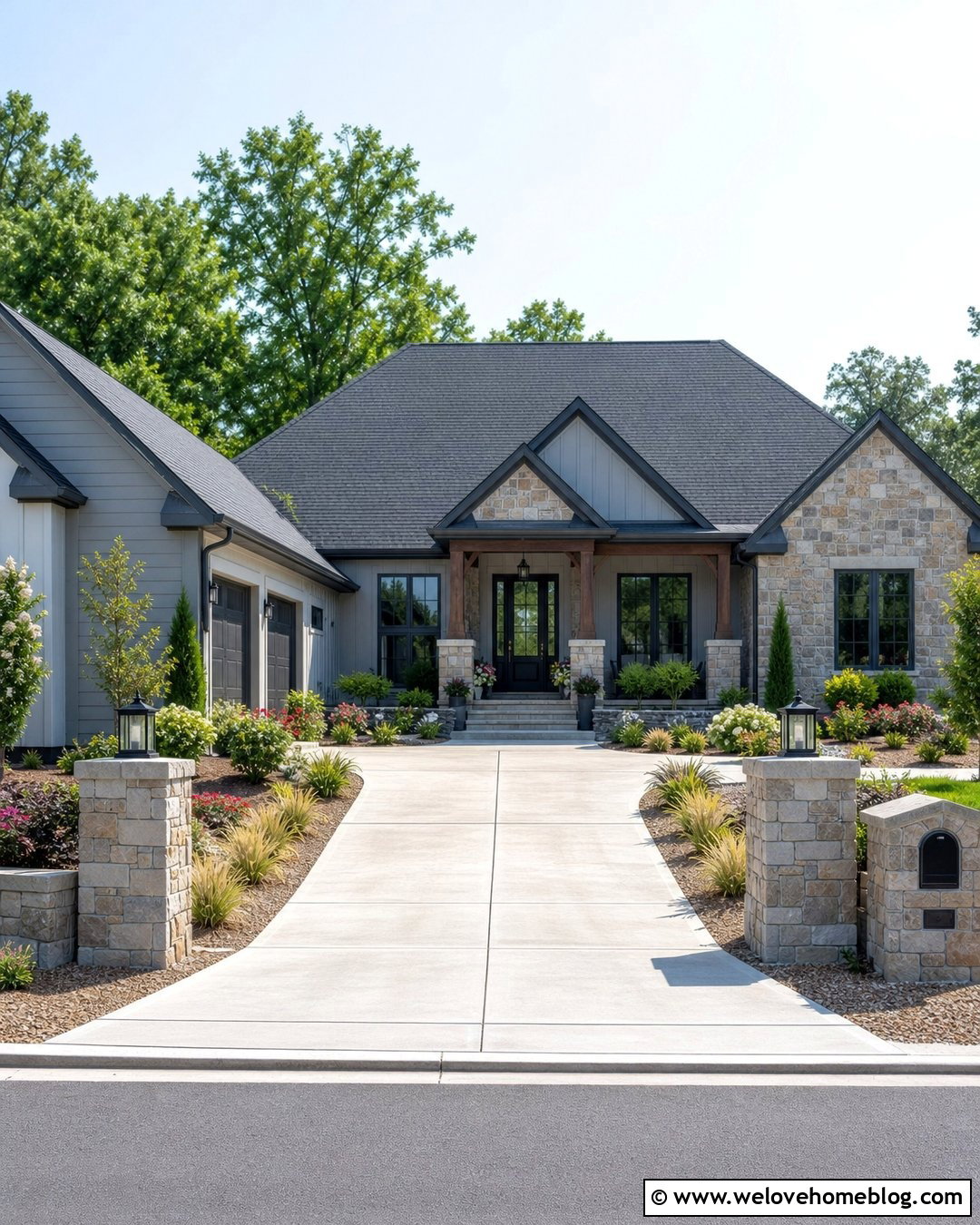 Driveway Entrance With Stone Pillars And Sun Beds - 20 Sunlit Driveway Landscaping Ideas