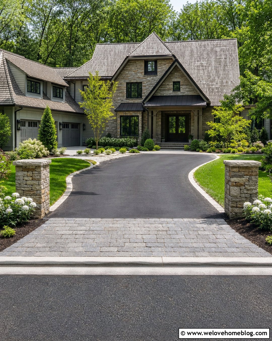 Driveway Entrance With Stone Pillars and Planting Beds - 20 landscape near driveway ideas
