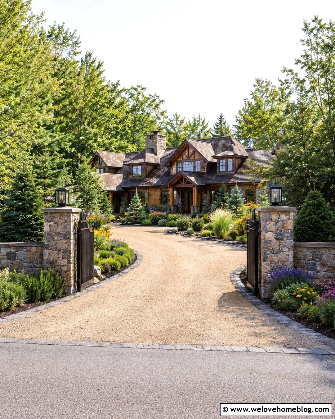 Driveway Entrance With Stone Pillars and Planting - 20 landscape design driveway ideas